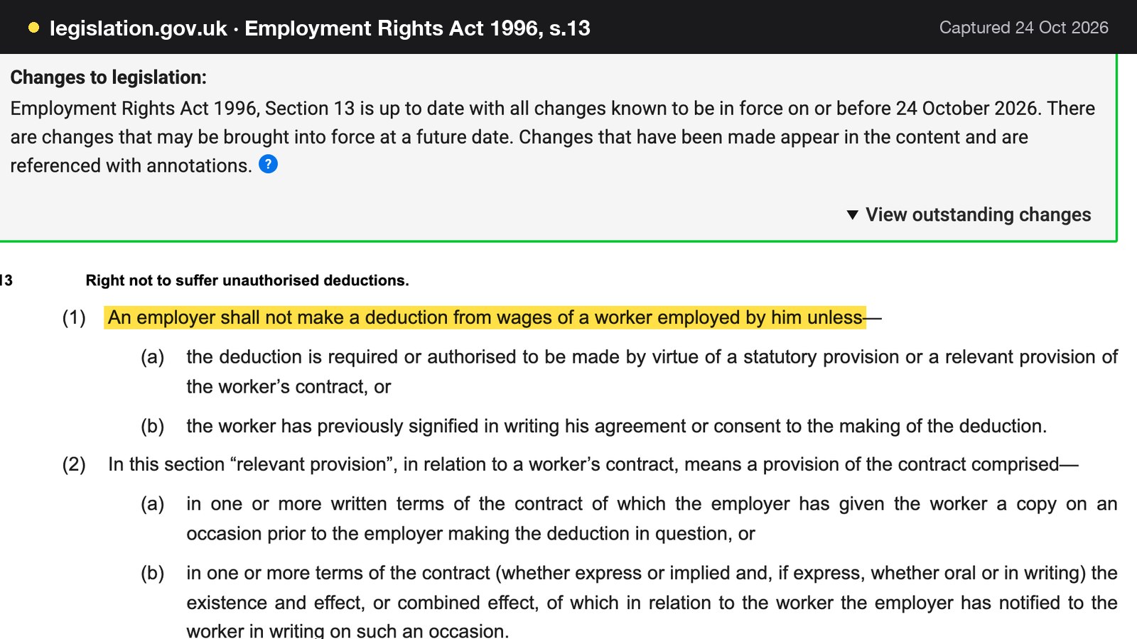 Screenshot of Employment Rights Act 1996, s.13 on legislation.gov.uk, with the words "An employer shall not make a deduction from wages of a worker employed by him unless" highlighted.