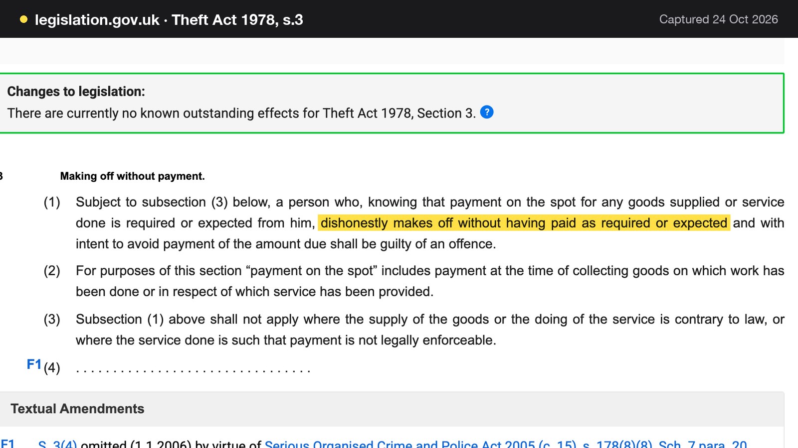 Screenshot of Theft Act 1978, s.3 on legislation.gov.uk, with the words "dishonestly makes off without having paid as required or expected" highlighted.