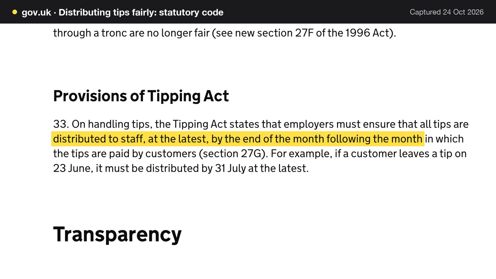 Screenshot of Distributing tips fairly: statutory code on gov.uk, with the words "distributed to staff, at the latest, by the end of the month following the month" highlighted.