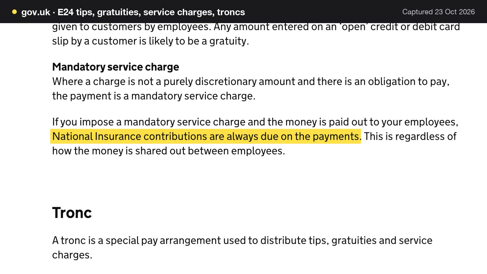 Screenshot of E24 tips, gratuities, service charges, troncs on gov.uk, with the words "National Insurance contributions are always due on the payments" highlighted.
