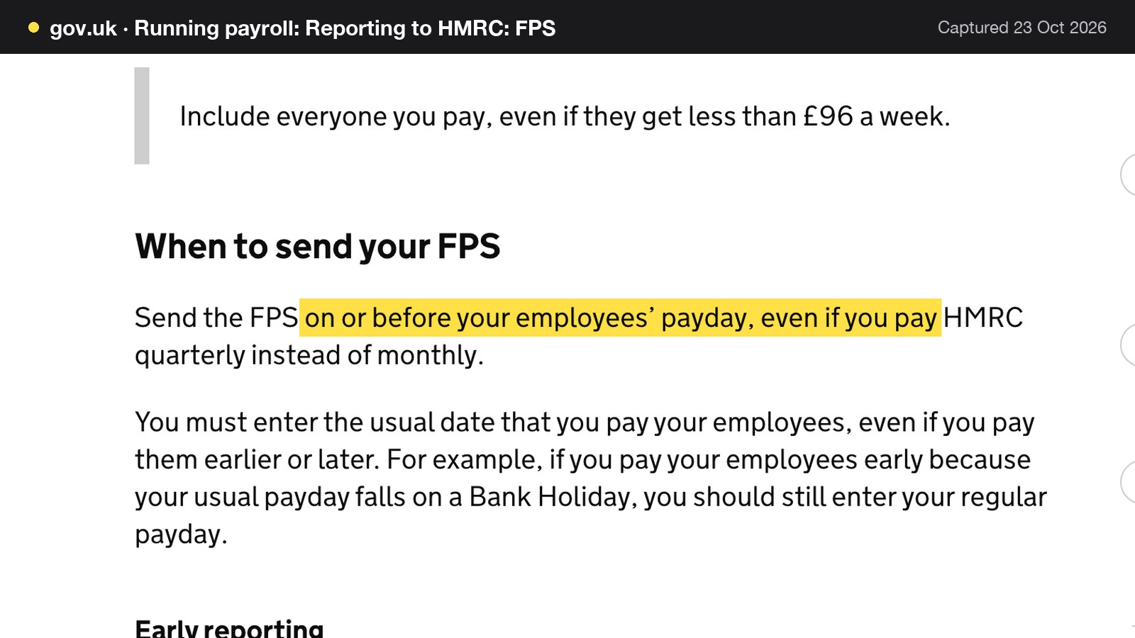 Screenshot of Running payroll: Reporting to HMRC: FPS on gov.uk, with the words "on or before your employees’ payday, even if you pay" highlighted.