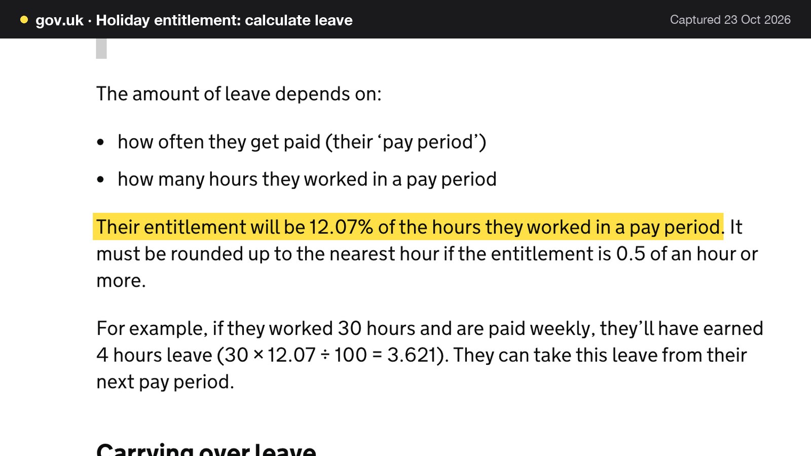 Screenshot of Holiday entitlement: calculate leave on gov.uk, with the words "Their entitlement will be 12.07% of the hours they worked in a pay period" highlighted.