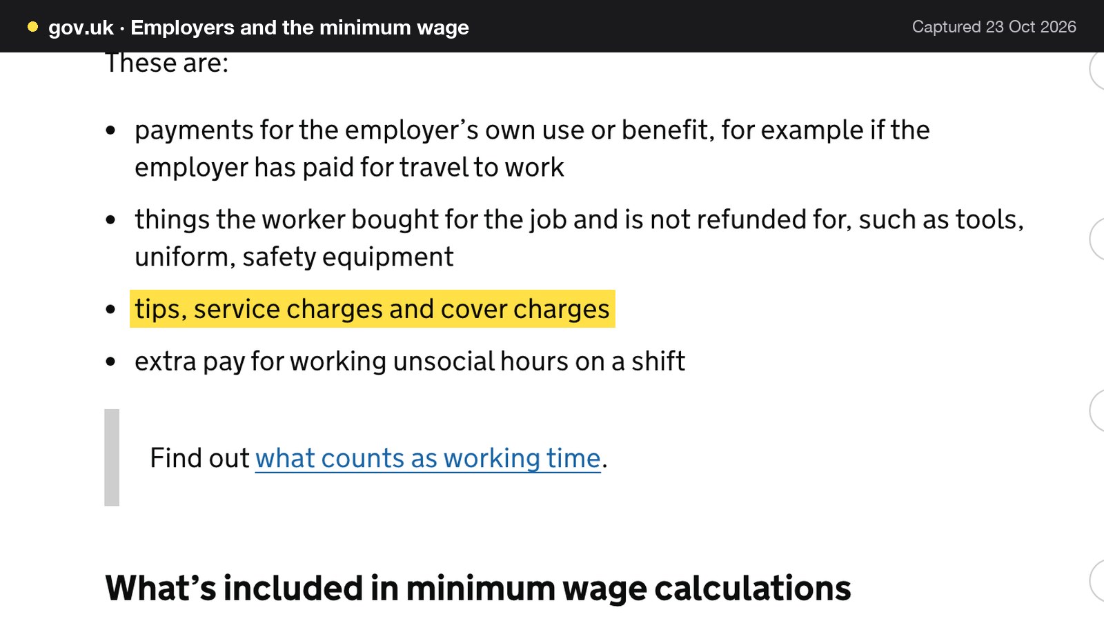 Screenshot of Employers and the minimum wage on gov.uk, with the words "tips, service charges and cover charges" highlighted.