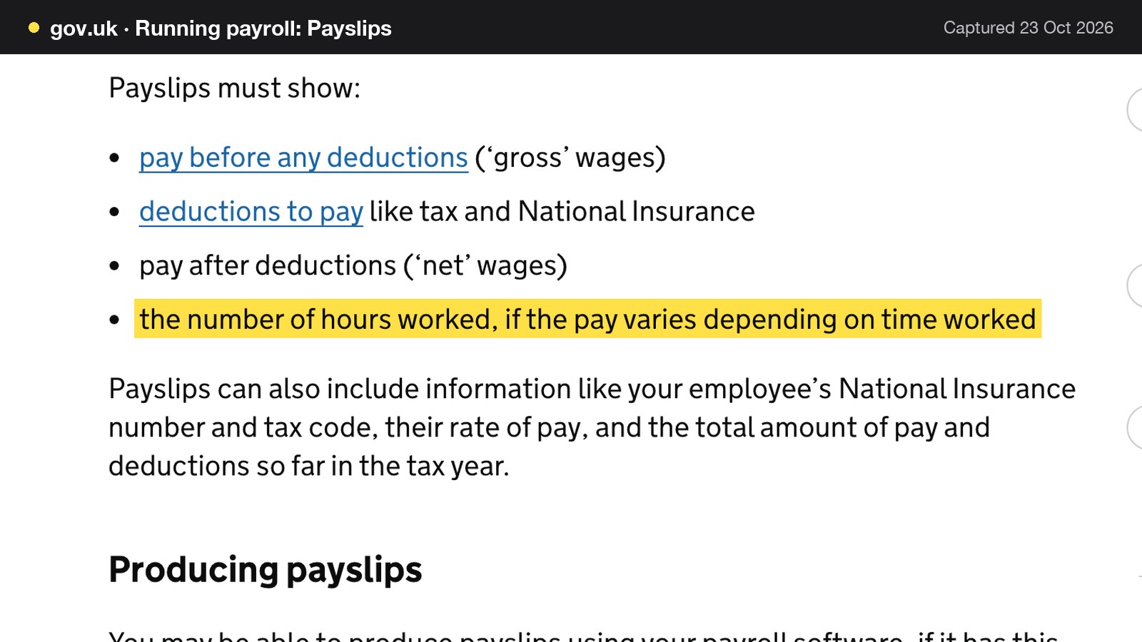 Screenshot of Running payroll: Payslips on gov.uk, with the words "the number of hours worked, if the pay varies depending on time worked" highlighted.