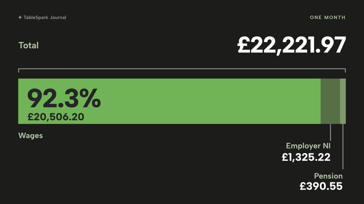 A single horizontal bar split into three parts: £20,506.20 gross payroll, £1,325.22 employer National Insurance after the Employment Allowance and £390.55 employer pension, totalling £22,221.97.