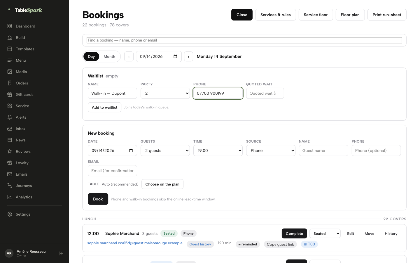 The New booking form filled in for Walk-in — Dupont, party of 2, 19:00, with the Choose on the plan button