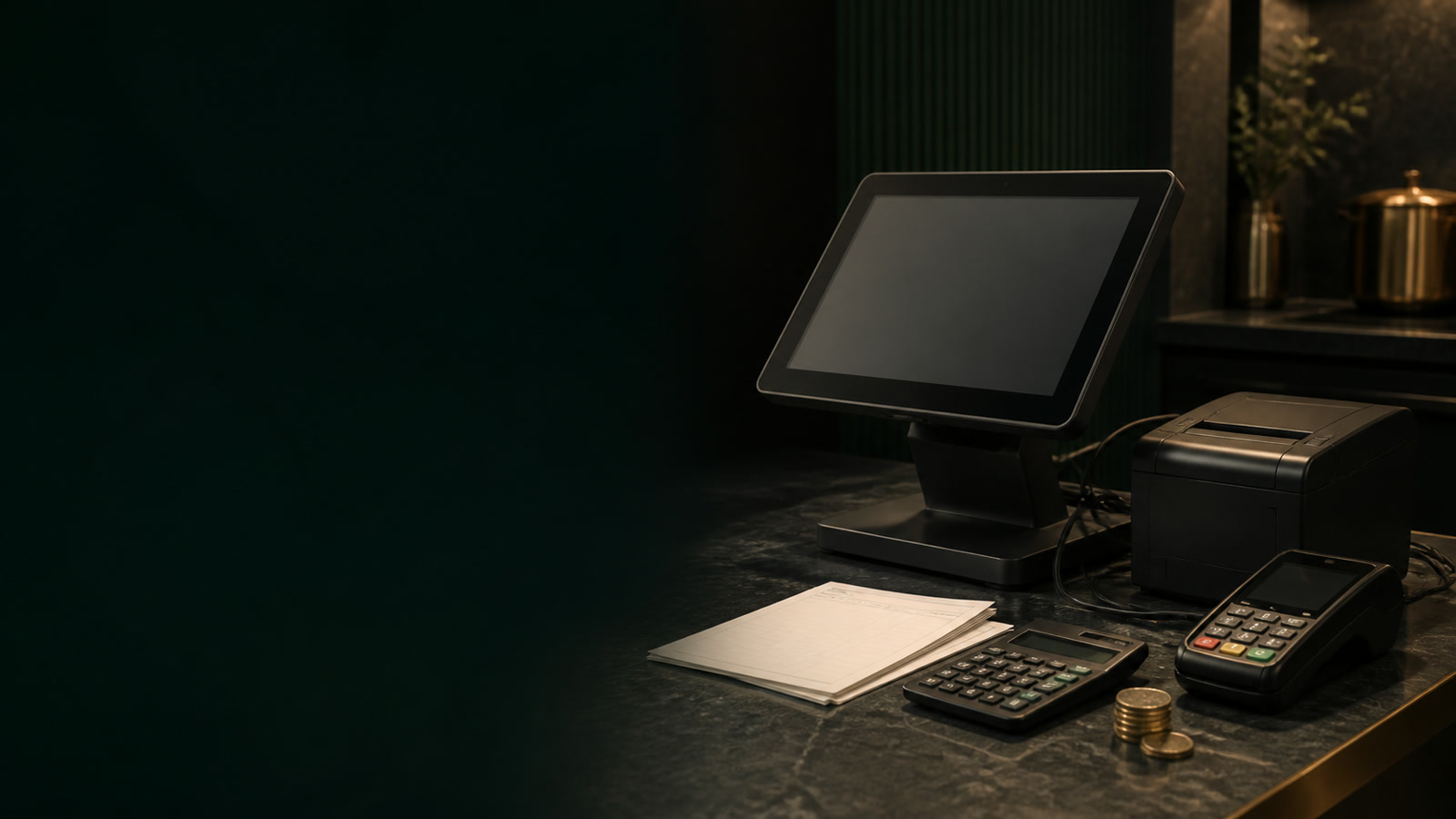 Editorial restaurant POS counter with terminal, printer and payment device.
