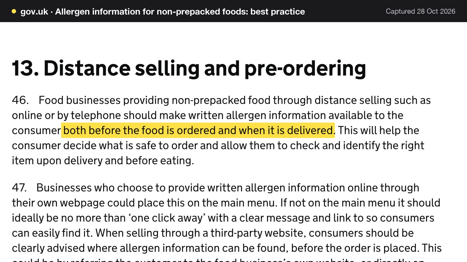 Screenshot of Allergen information for non-prepacked foods: best practice on gov.uk, with the words "both before the food is ordered and when it is delivered" highlighted.