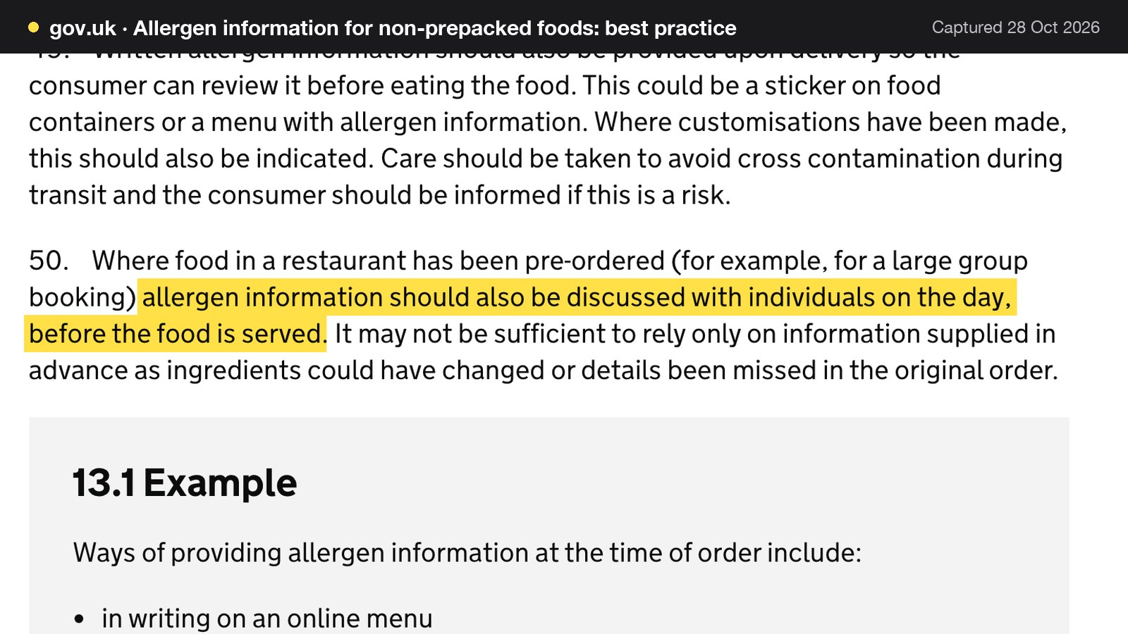 Screenshot of Allergen information for non-prepacked foods: best practice on gov.uk, with the words "allergen information should also be discussed with individuals on the day, before the food is served" highlighted.