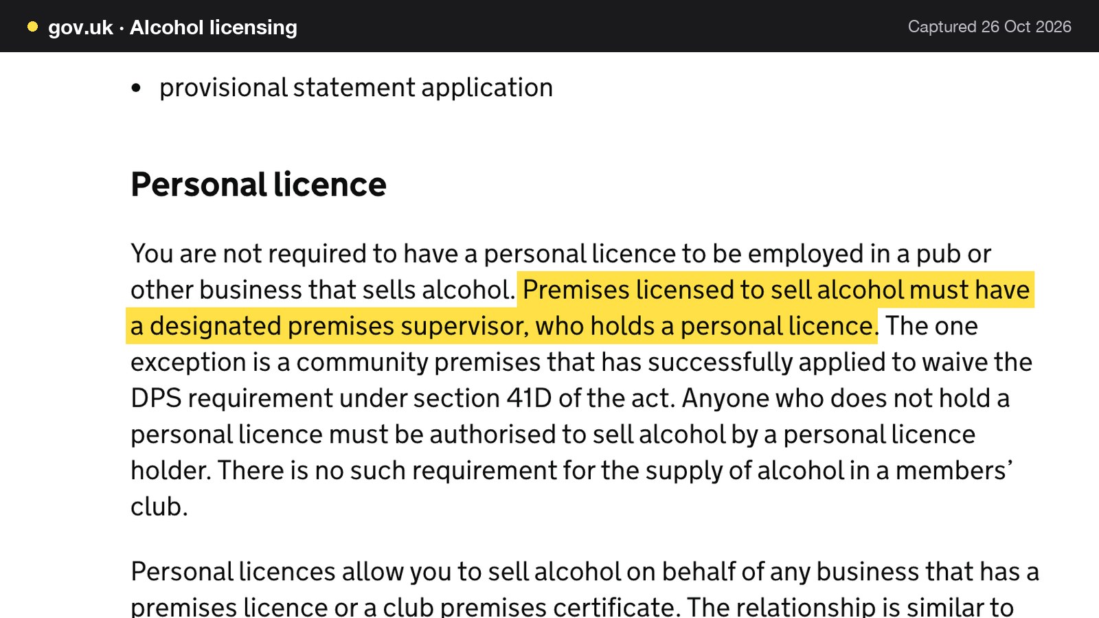 Screenshot of Alcohol licensing on gov.uk, with the words "Premises licensed to sell alcohol must have a designated premises supervisor, who holds a personal licence" highlighted.