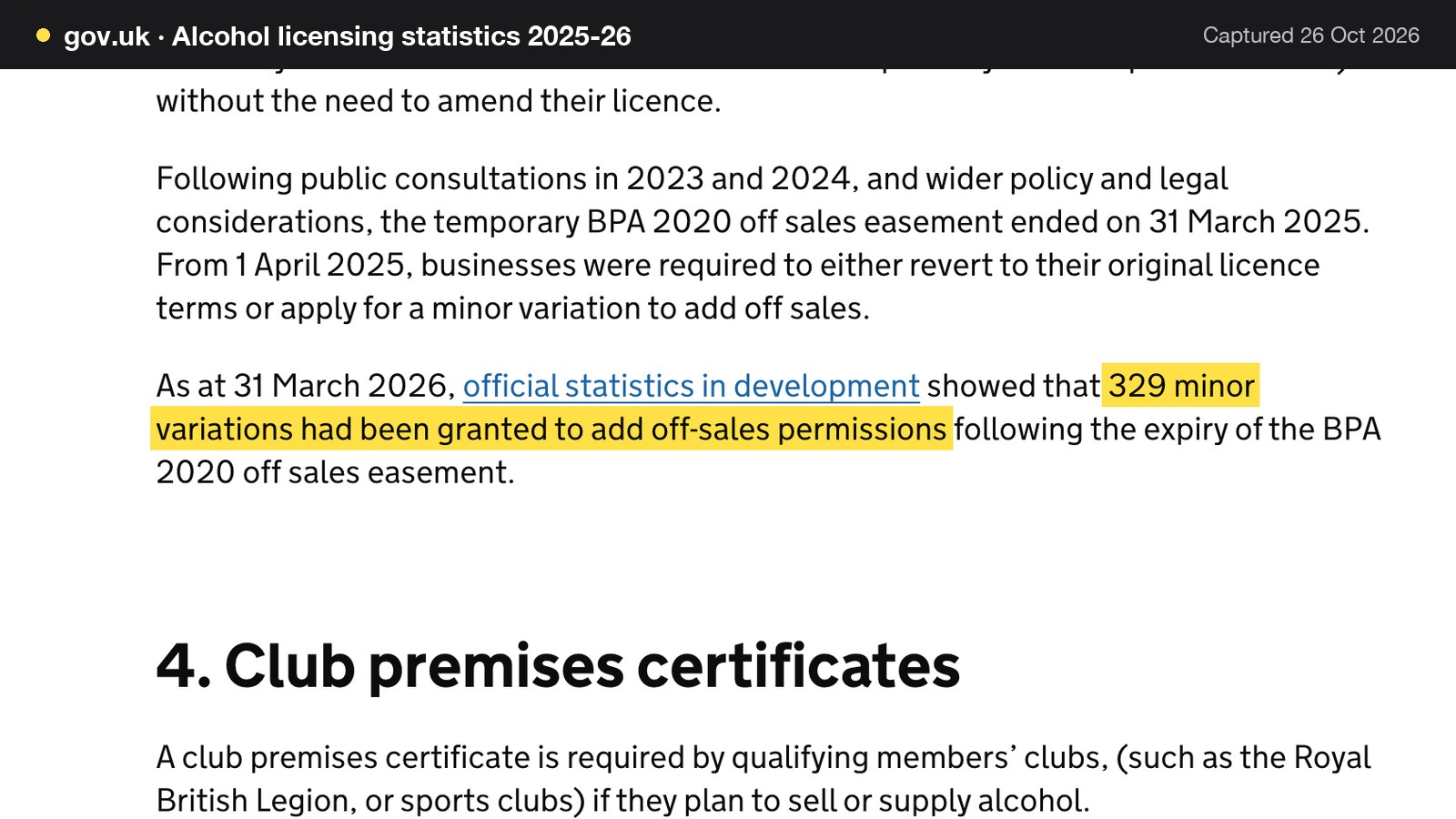 Screenshot of Alcohol licensing statistics 2025-26 on gov.uk, with the words "329 minor variations had been granted to add off-sales permissions" highlighted.