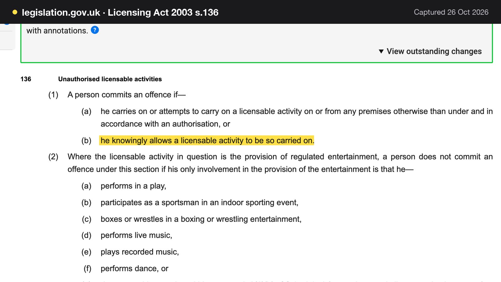 Screenshot of Licensing Act 2003 s.136 on legislation.gov.uk, with the words "he knowingly allows a licensable activity to be so carried on" highlighted.