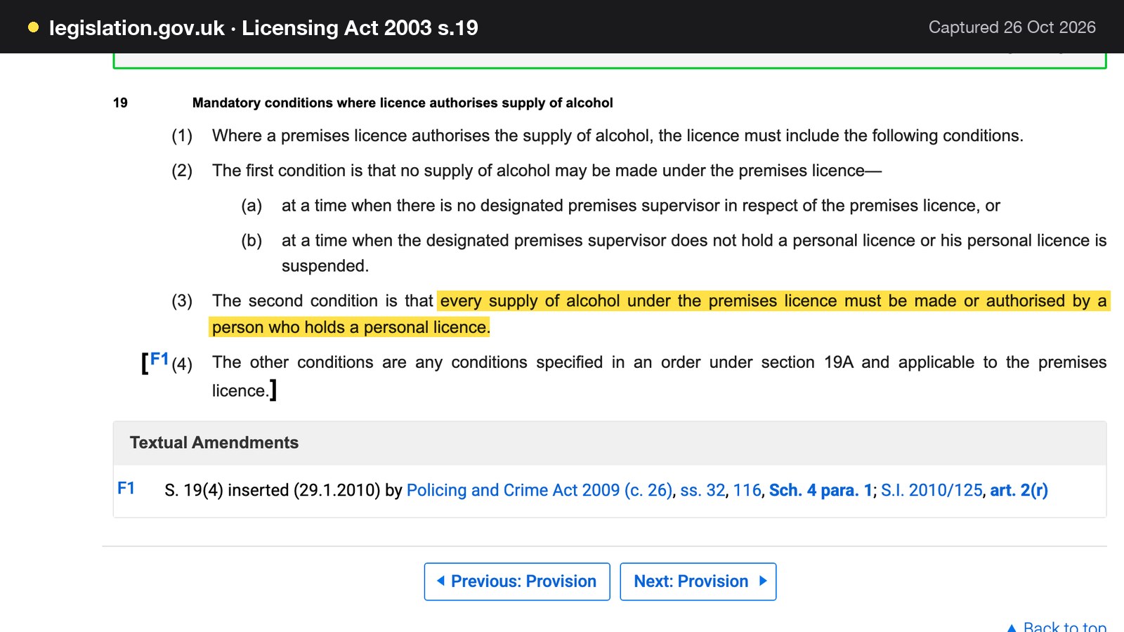 Screenshot of Licensing Act 2003 s.19 on legislation.gov.uk, with the words "every supply of alcohol under the premises licence must be made or authorised by a person who holds a personal licence" highlighted.