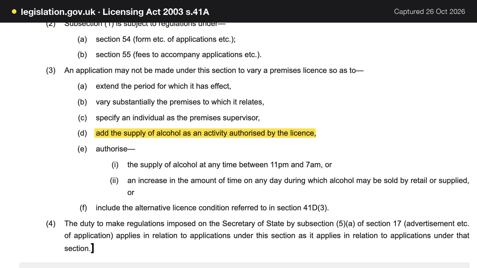 Screenshot of Licensing Act 2003 s.41A on legislation.gov.uk, with the words "add the supply of alcohol as an activity authorised by the licence" highlighted.