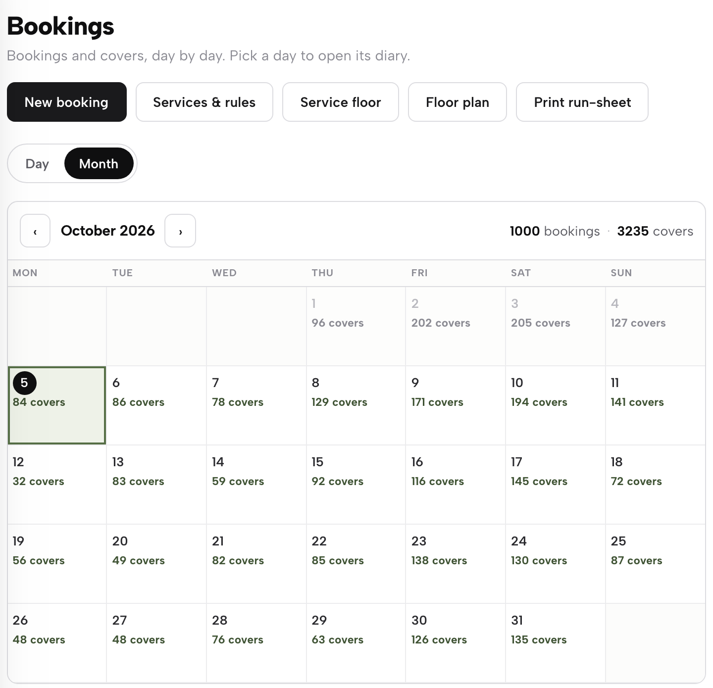 The Bookings page in Month view for October 2026: covers per day, with New booking, Services & rules, Service floor, Floor plan and Print run-sheet.