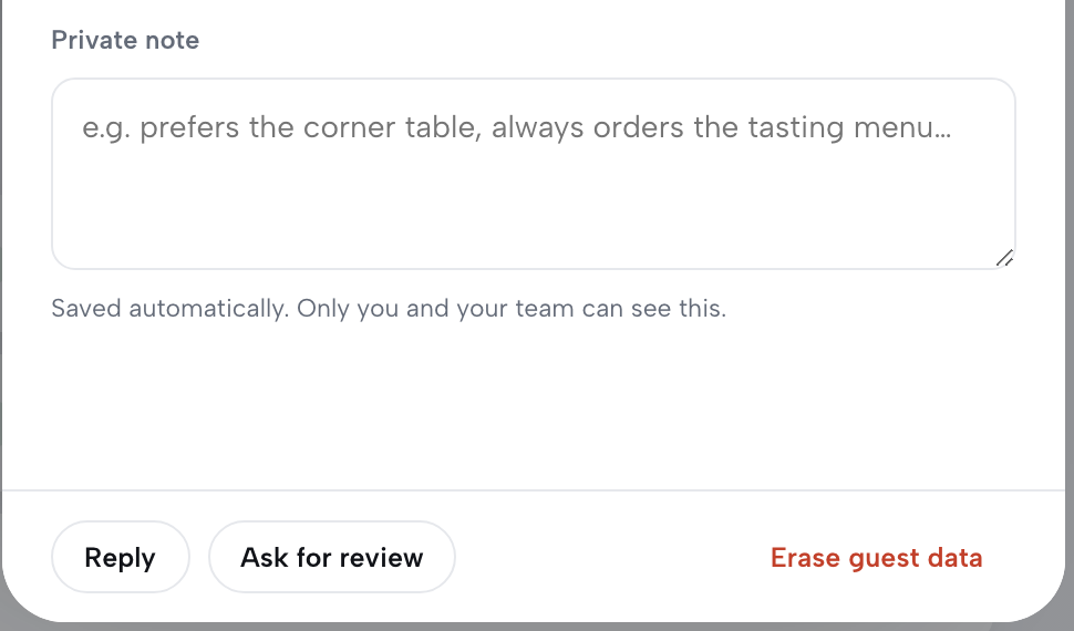 A guest record's Private note field with Saved automatically. Only you and your team can see this., and the Reply and Ask for review actions.