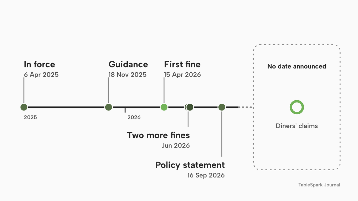 A linear timeline from April 2025 to October 2026. Marks: in force 6 April 2025; guidance 18 November 2025; first fine 15 April 2026; two more fines in June 2026; government policy statement 16 September 2026. A dashed open zone to the right is labelled no date announced.