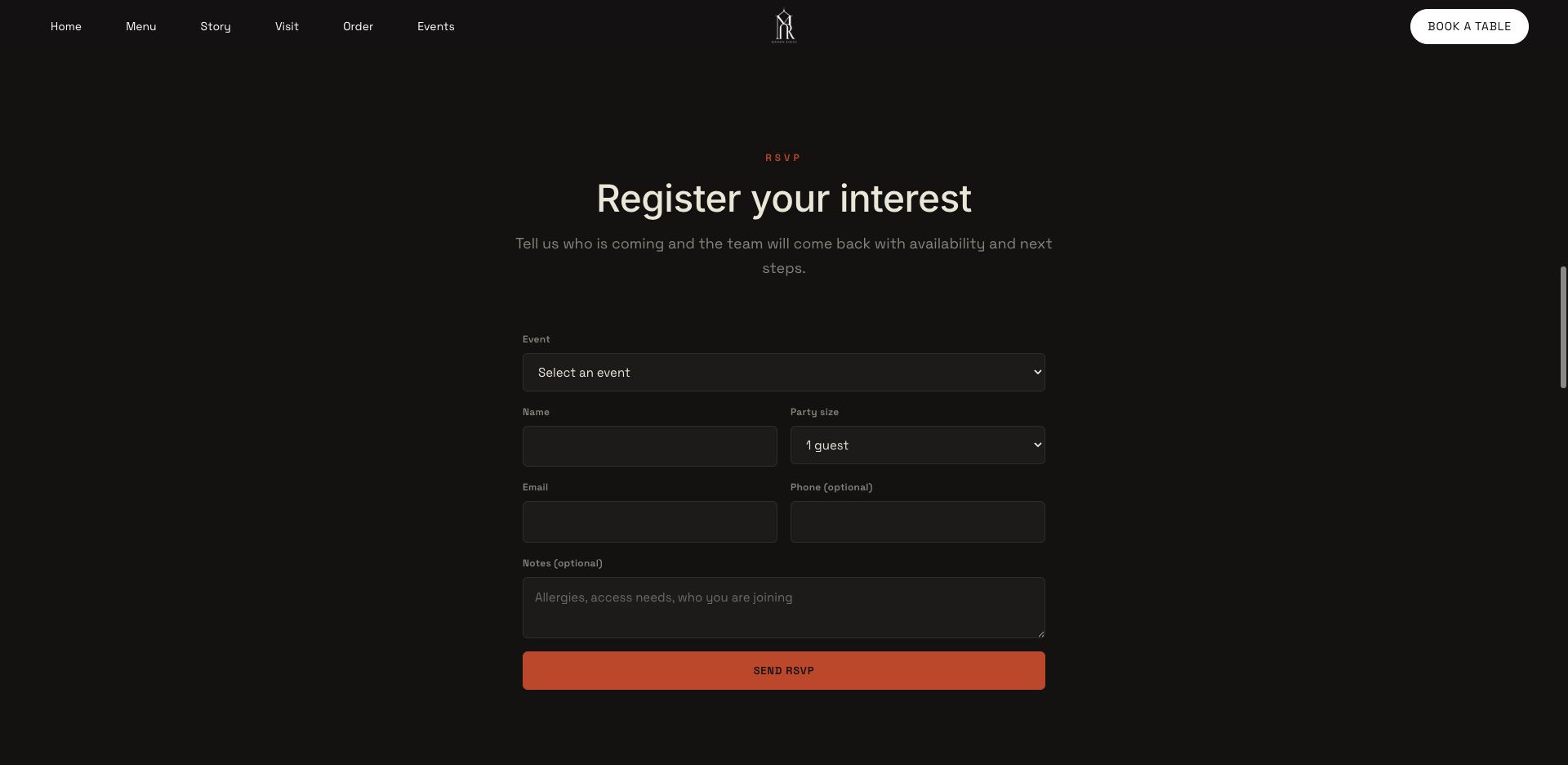 Authentic Maison Rouge TableSpark event-interest form with event, party size, contact and optional notes fields left empty.