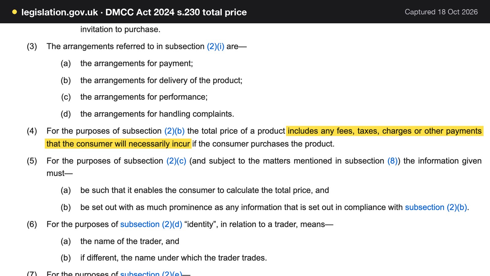 Screenshot of DMCC Act 2024 s.230 total price on legislation.gov.uk, with the words "includes any fees, taxes, charges or other payments that the consumer will necessarily incur" highlighted.