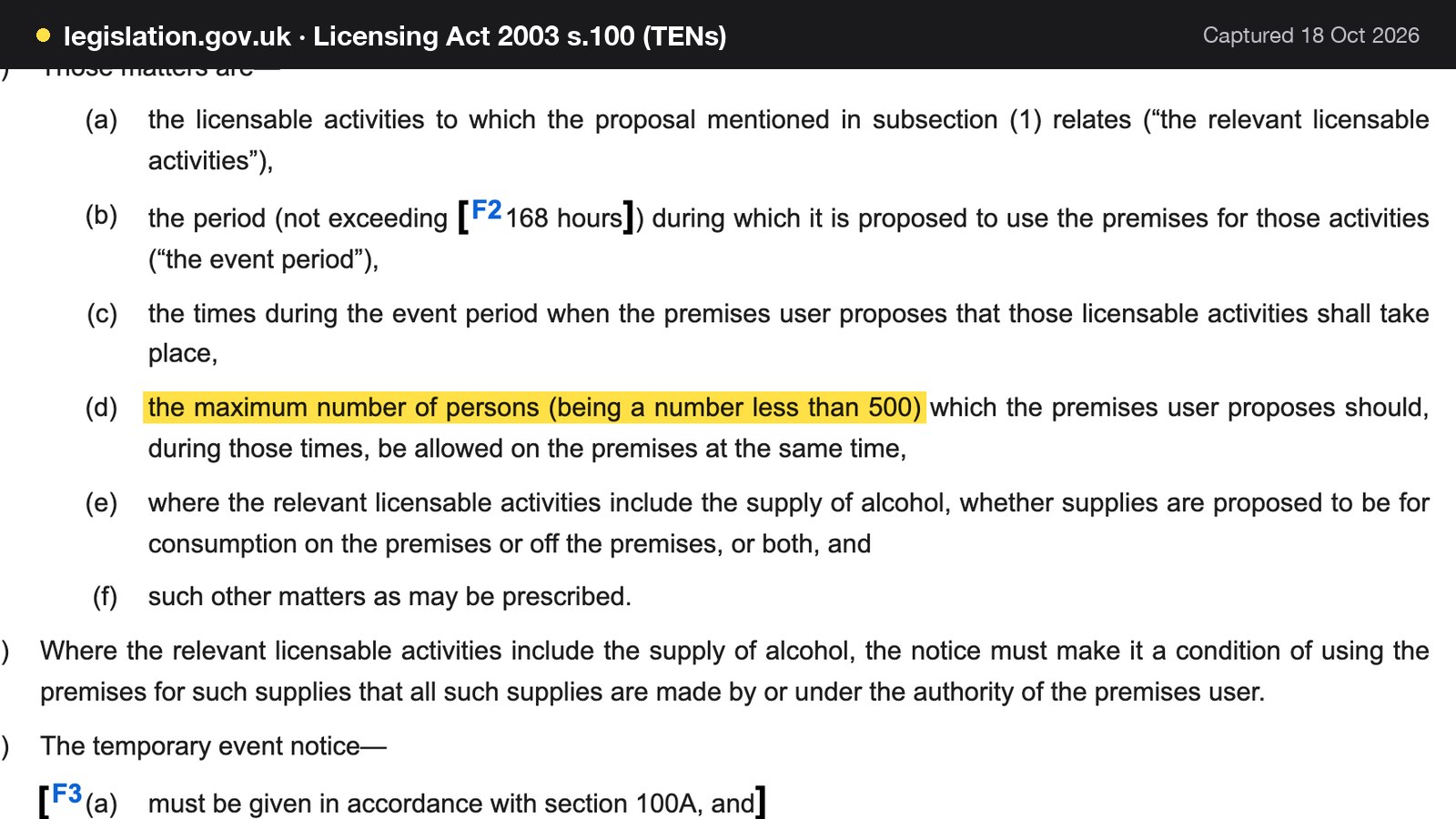 Screenshot of Licensing Act 2003 s.100 (TENs) on legislation.gov.uk, with the words "the maximum number of persons (being a number less than 500)" highlighted.