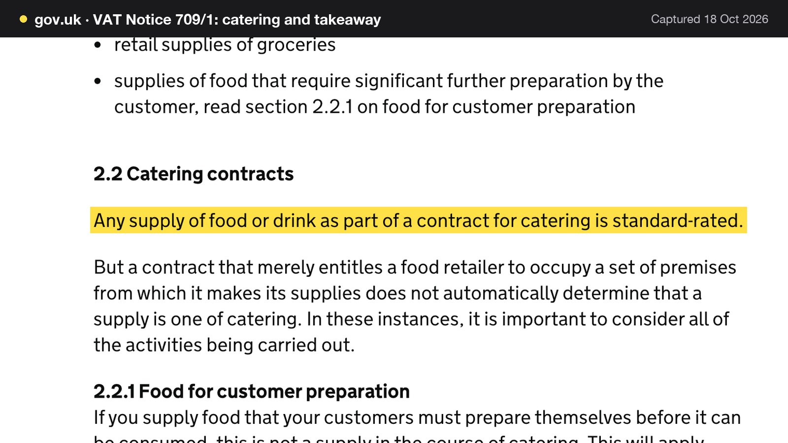 Screenshot of VAT Notice 709/1: catering and takeaway on gov.uk, with the words "Any supply of food or drink as part of a contract for catering is standard-rated." highlighted.