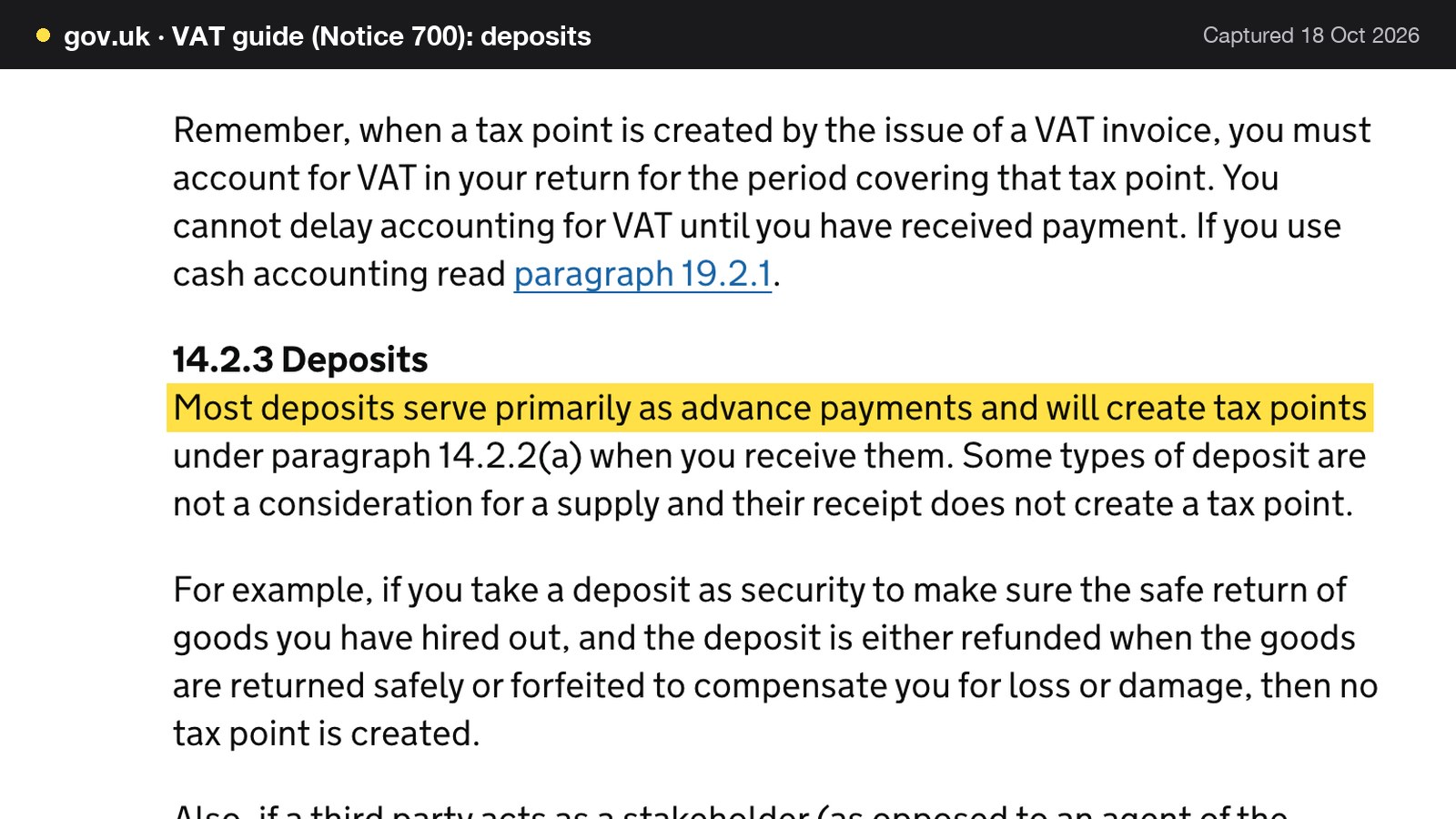 Screenshot of VAT guide (Notice 700): deposits on gov.uk, with the words "Most deposits serve primarily as advance payments and will create tax points" highlighted.