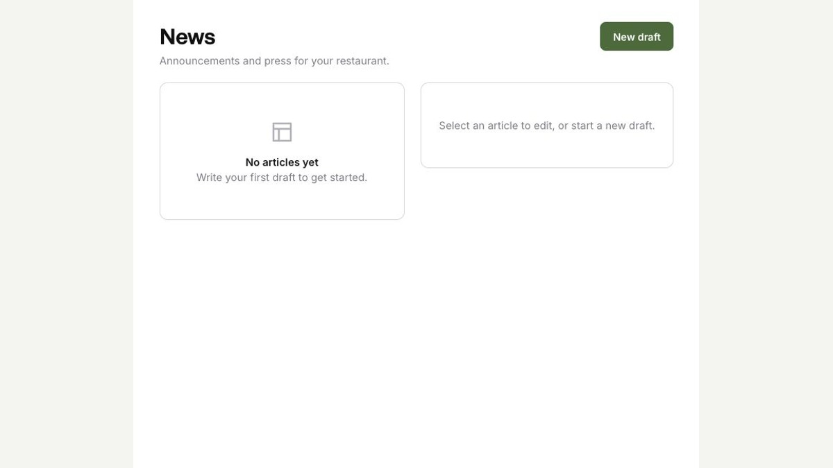 Authentic TableSpark News workspace with the restaurant announcement drafting control visible.