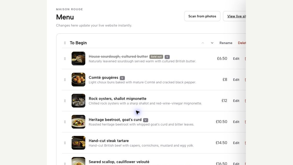 Authentic TableSpark structured menu workspace with dish descriptions, prices, availability and edit controls visible.