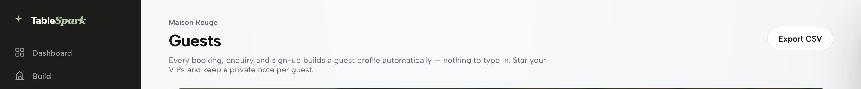 The Guests page header, with the Export CSV button beside the page title and subtitle