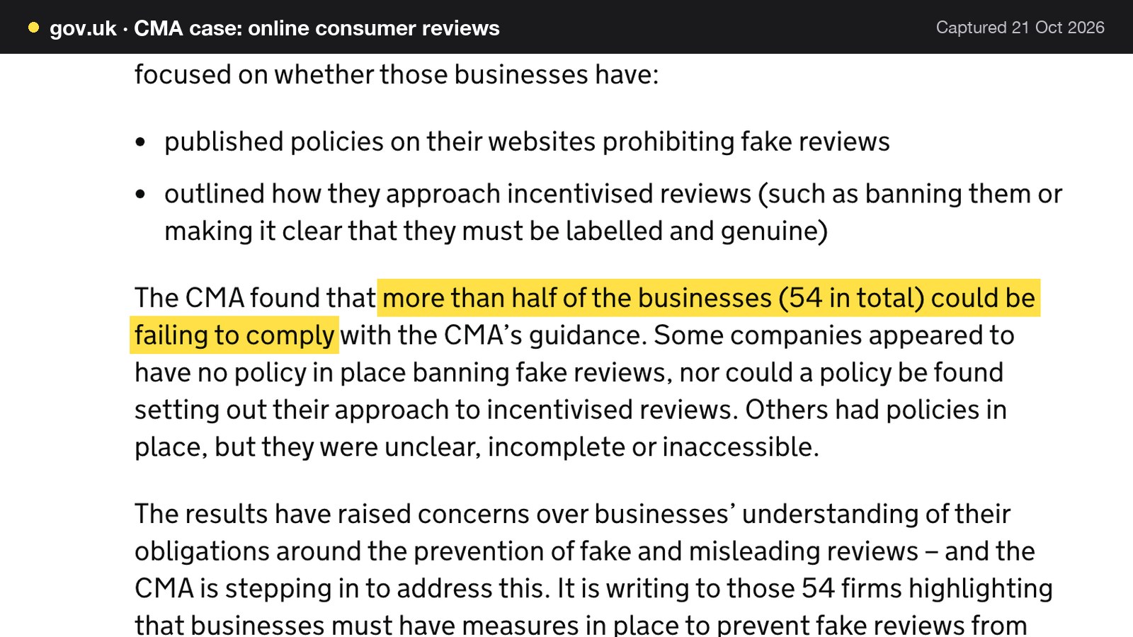 Screenshot of CMA case: online consumer reviews on gov.uk, with the words "more than half of the businesses (54 in total) could be failing to comply" highlighted.