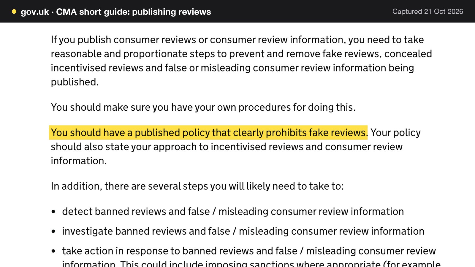 Screenshot of CMA short guide: publishing reviews on gov.uk, with the words "You should have a published policy that clearly prohibits fake reviews" highlighted.