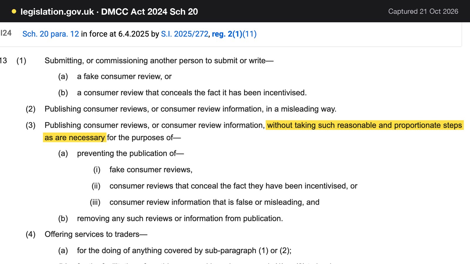 Screenshot of DMCC Act 2024 Sch 20 on legislation.gov.uk, with the words "without taking such reasonable and proportionate steps as are necessary" highlighted.