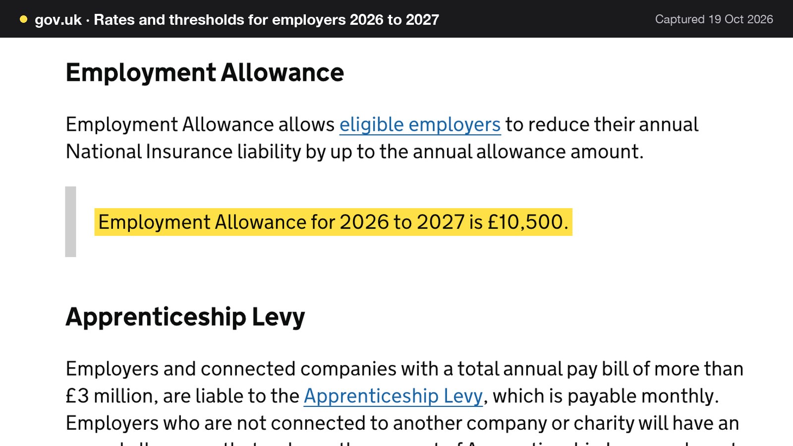 Screenshot of Rates and thresholds for employers 2026 to 2027 on gov.uk, with the words "Employment Allowance for 2026 to 2027 is £10,500." highlighted.