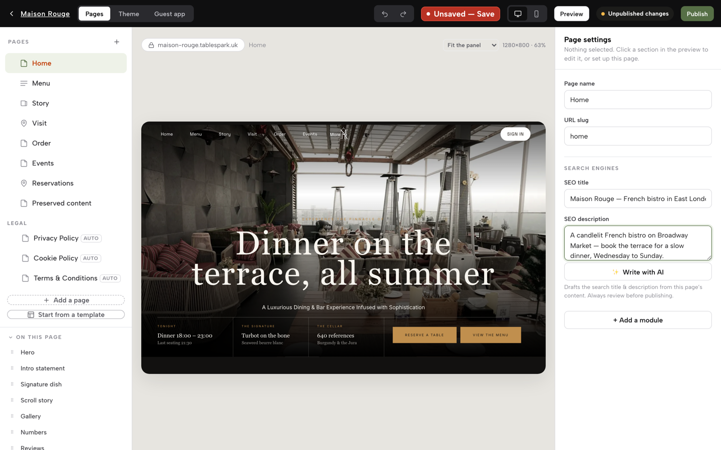 Practice screen: Both SEO fields filled in, the + Add a module button beneath them