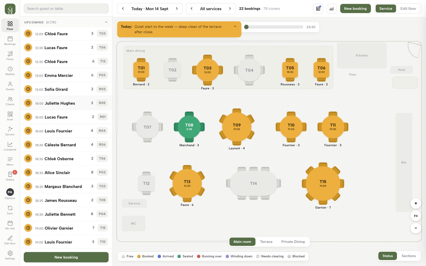 The Service console's floor plan, with the view rail on the left showing Floor and Bookings