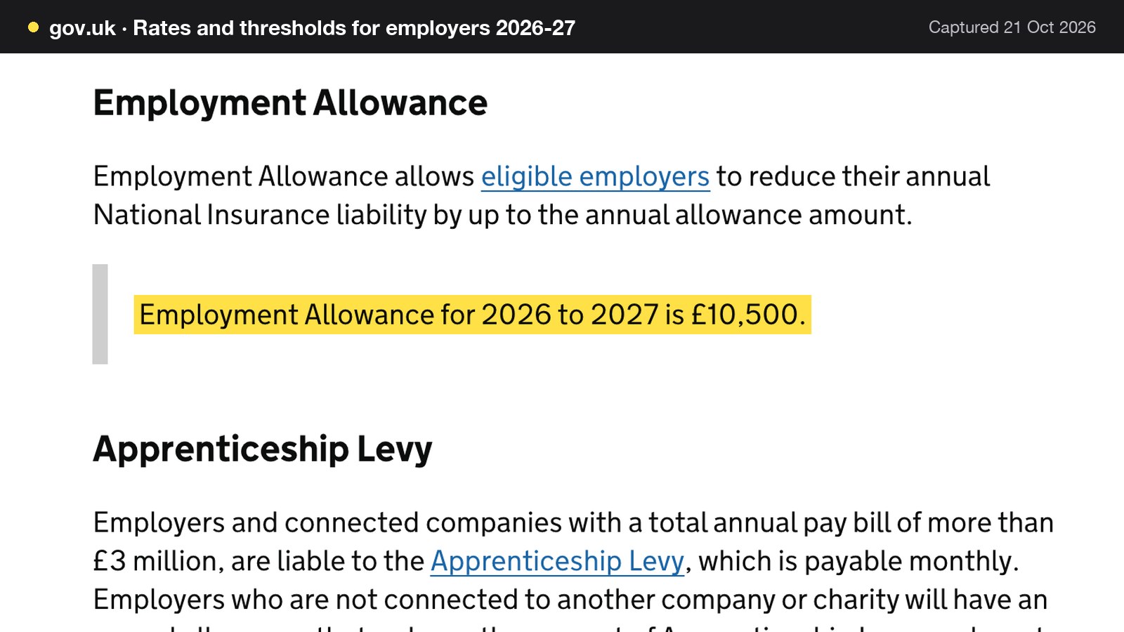 Screenshot of Rates and thresholds for employers 2026-27 on gov.uk, with the words "Employment Allowance for 2026 to 2027 is £10,500." highlighted.