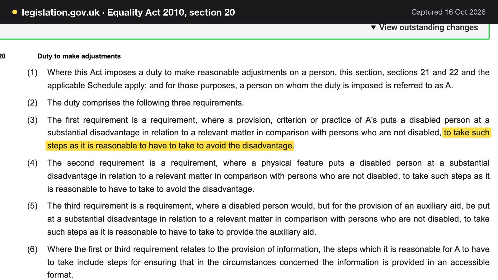 Screenshot of Equality Act 2010, section 20 on legislation.gov.uk, with the words "to take such steps as it is reasonable to have to take to avoid the disadvantage" highlighted.
