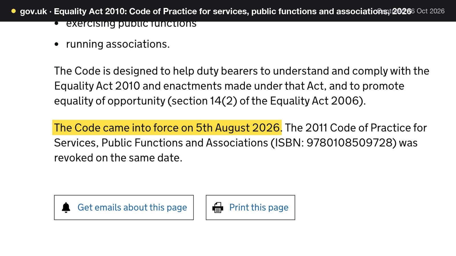 Screenshot of Equality Act services code, 2026 on gov.uk, with the words "The Code came into force on 5th August 2026" highlighted.
