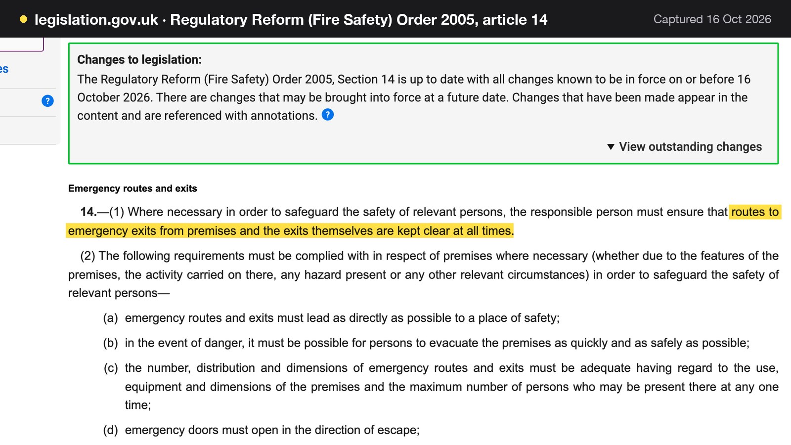 Screenshot of Regulatory Reform (Fire Safety) Order 2005, article 14 on legislation.gov.uk, with the words "routes to emergency exits from premises and the exits themselves are kept clear at all times" highlighted.