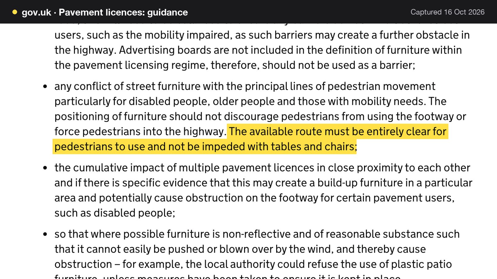 Screenshot of Pavement licences: guidance on gov.uk, with the words "The available route must be entirely clear for pedestrians to use and not be impeded with tables and chairs" highlighted.