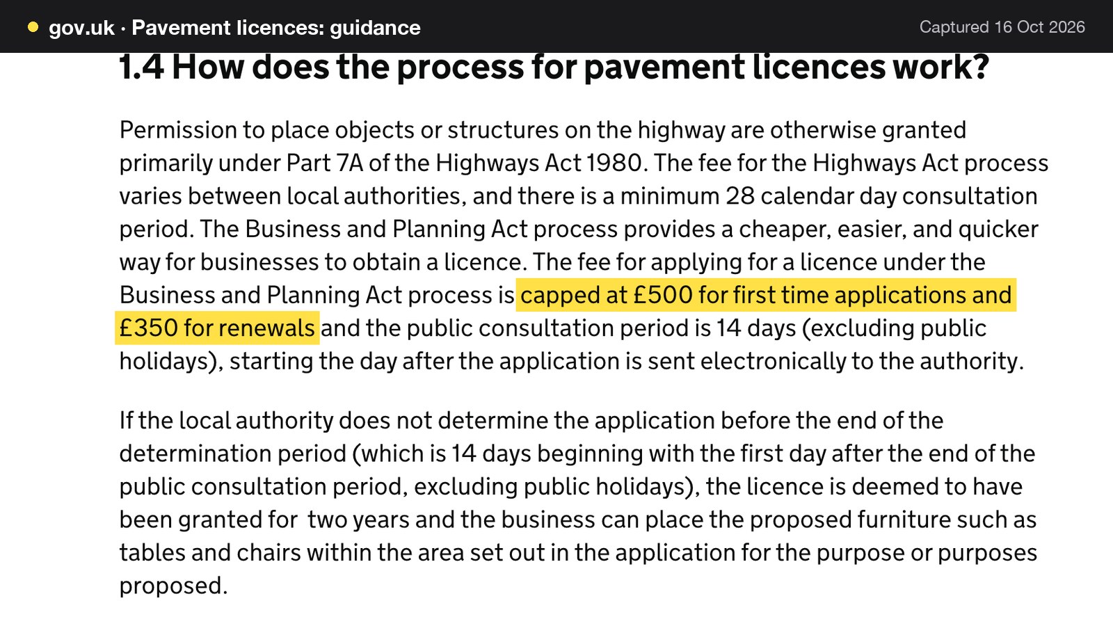 Screenshot of Pavement licences: guidance on gov.uk, with the words "capped at £500 for first time applications and £350 for renewals" highlighted.