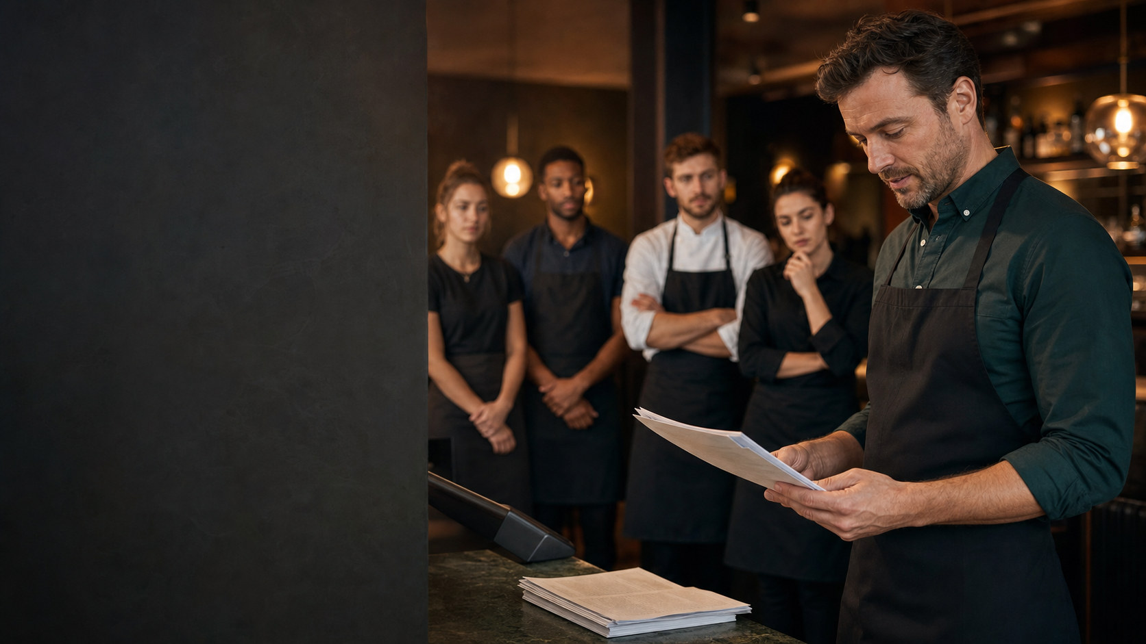 Restaurant owner reviewing the current tipping policy with the service team.
