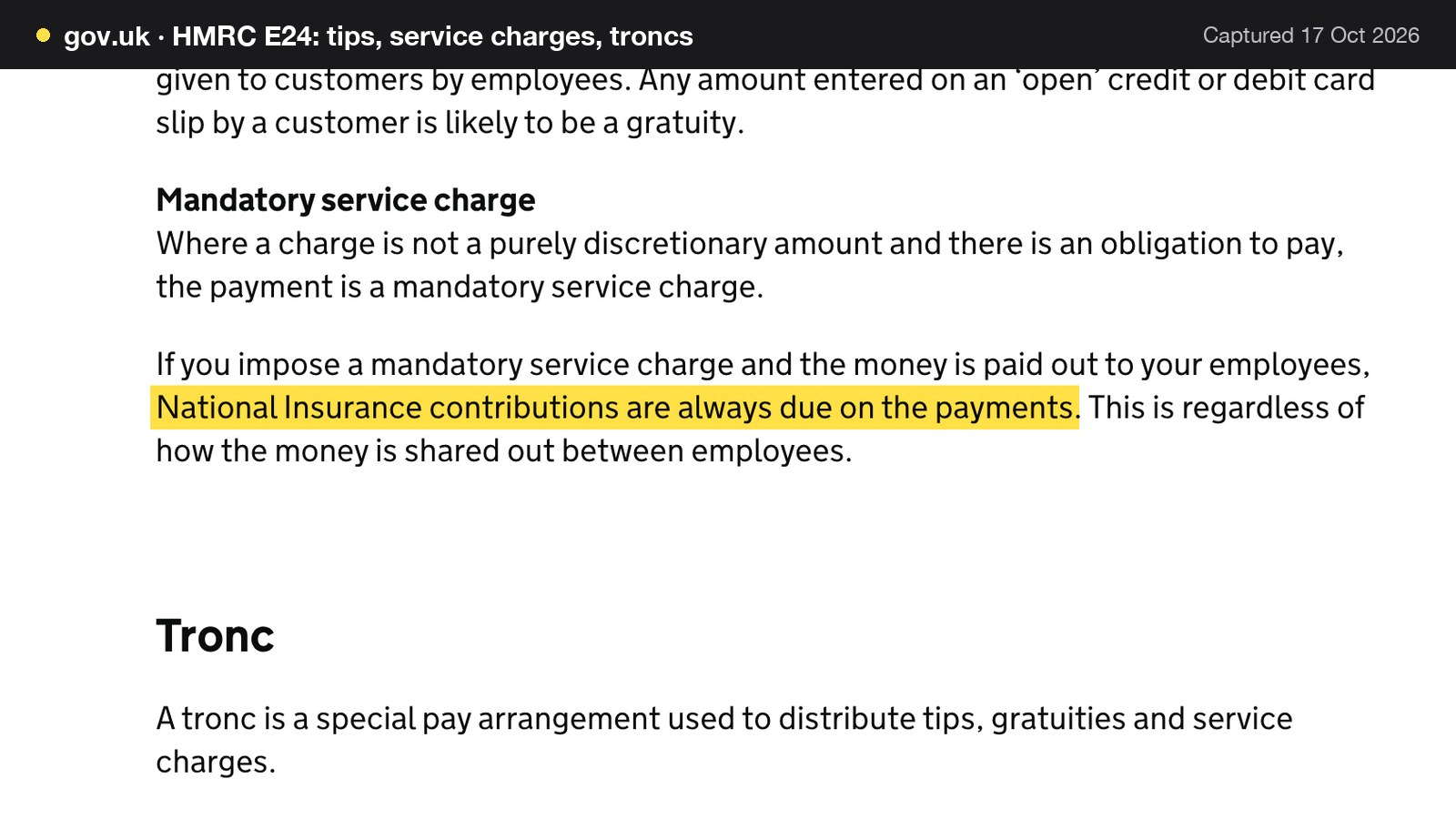 Screenshot of HMRC E24: tips, service charges, troncs on gov.uk, with the words "National Insurance contributions are always due on the payments" highlighted.