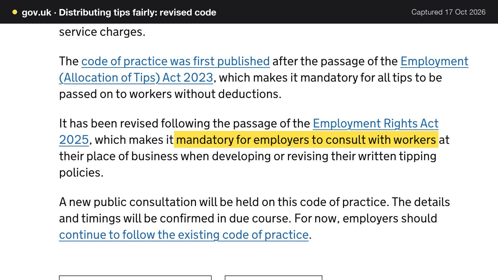 Screenshot of Distributing tips fairly: revised code on gov.uk, with the words "mandatory for employers to consult with workers" highlighted.