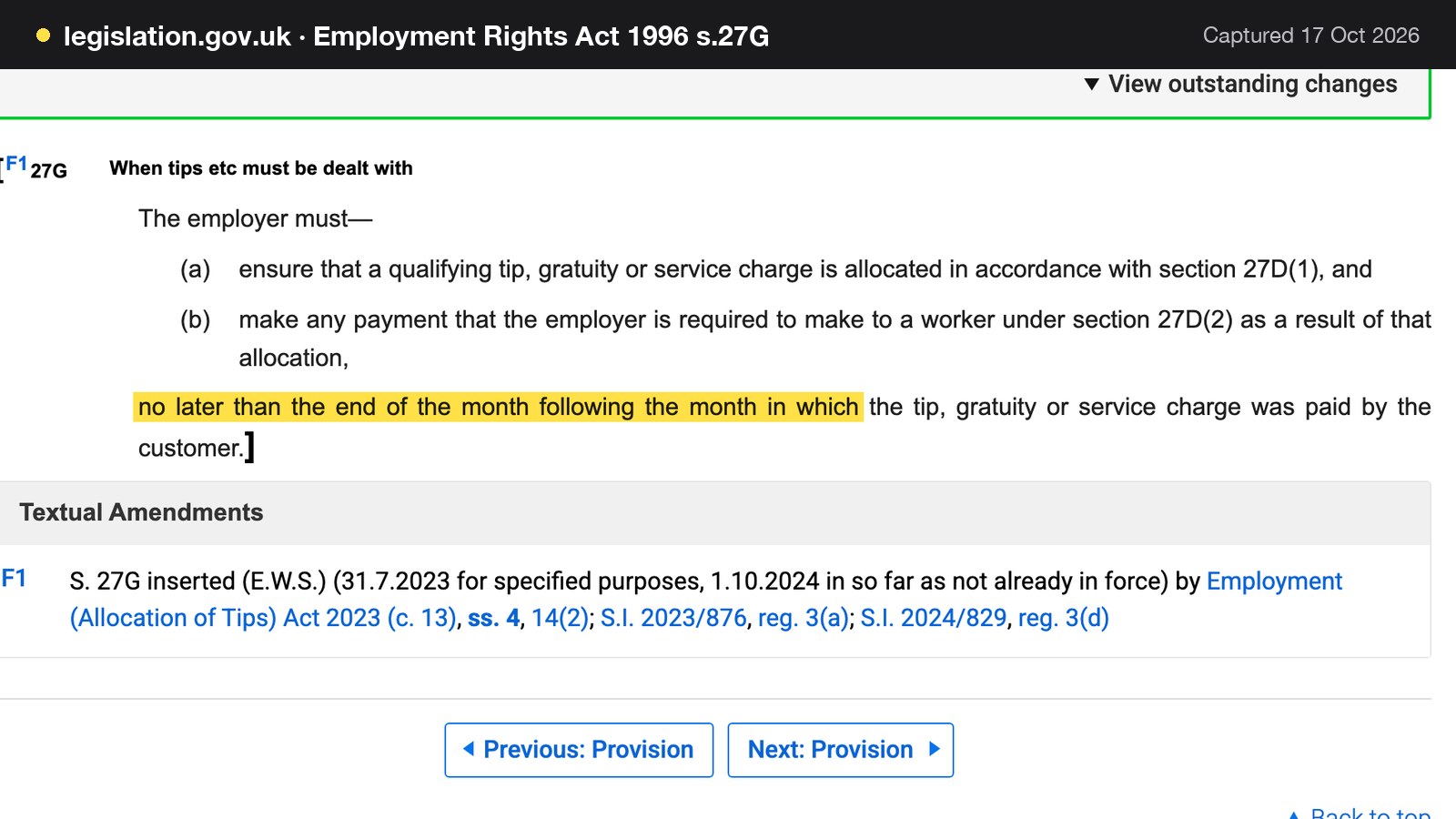 Screenshot of Employment Rights Act 1996 s.27G on legislation.gov.uk, with the words "no later than the end of the month following the month in which" highlighted.