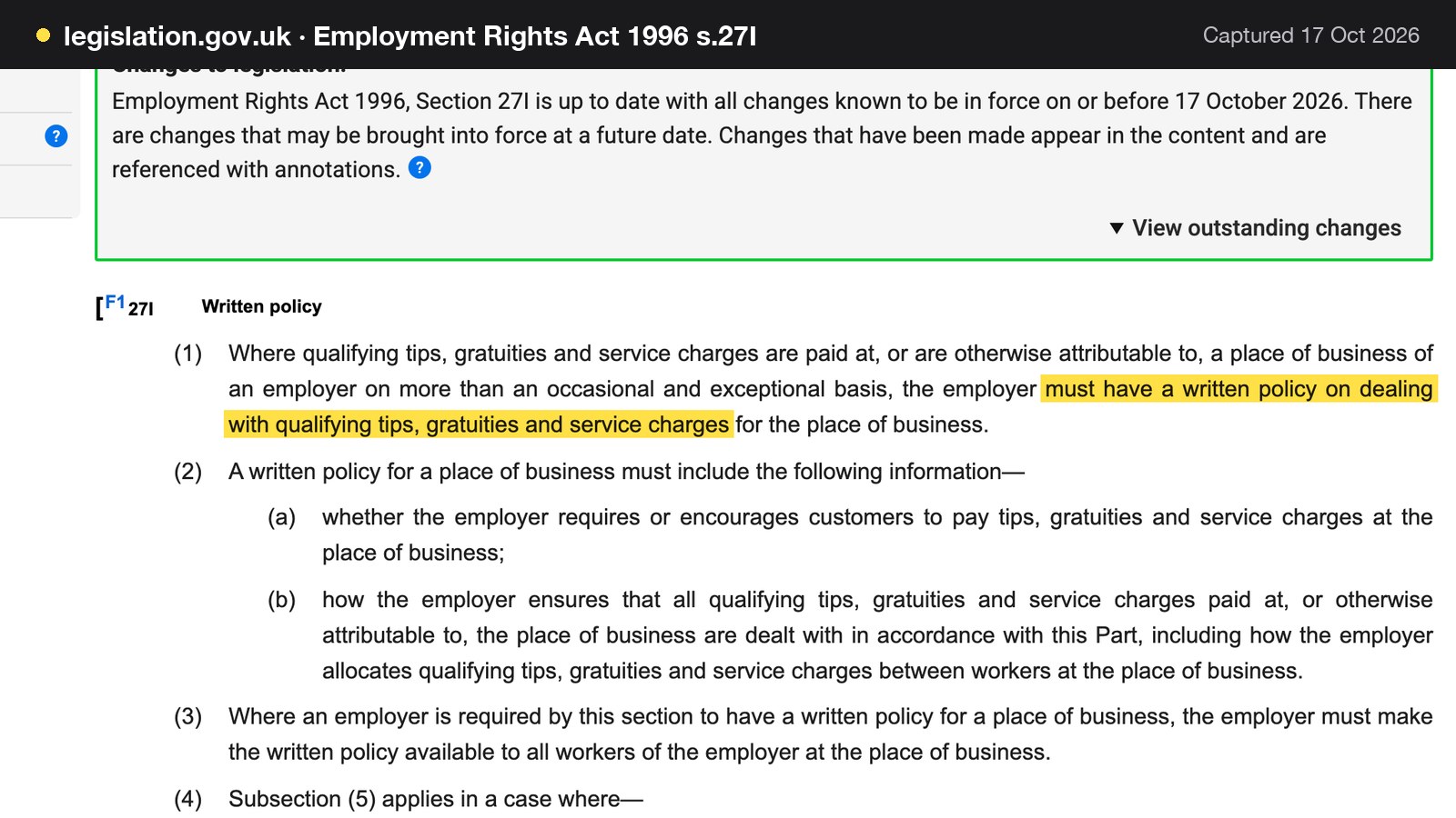 Screenshot of Employment Rights Act 1996 s.27I on legislation.gov.uk, with the words "must have a written policy on dealing with qualifying tips, gratuities and service charges" highlighted.