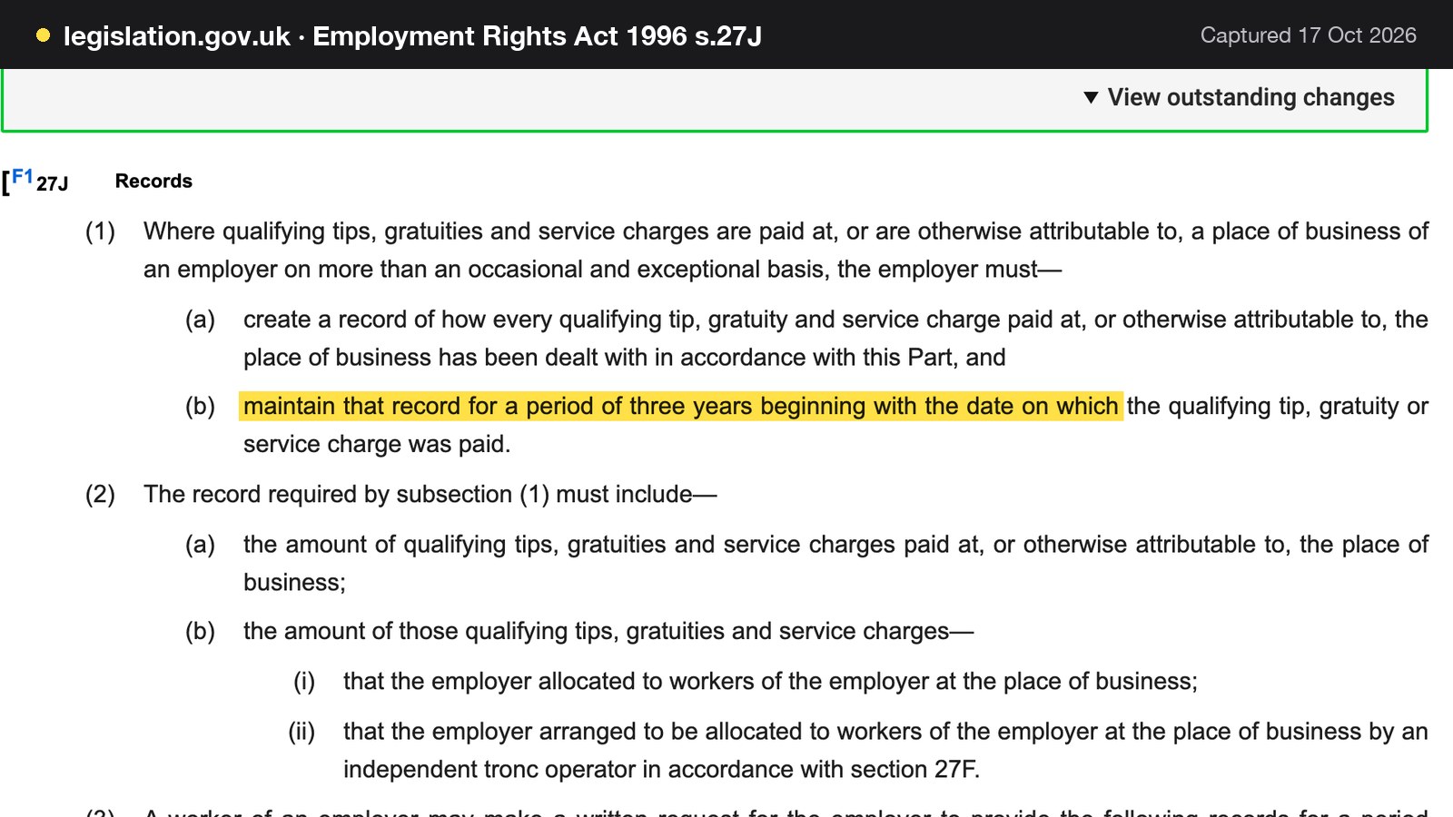Screenshot of Employment Rights Act 1996 s.27J on legislation.gov.uk, with the words "maintain that record for a period of three years beginning with the date on which" highlighted.