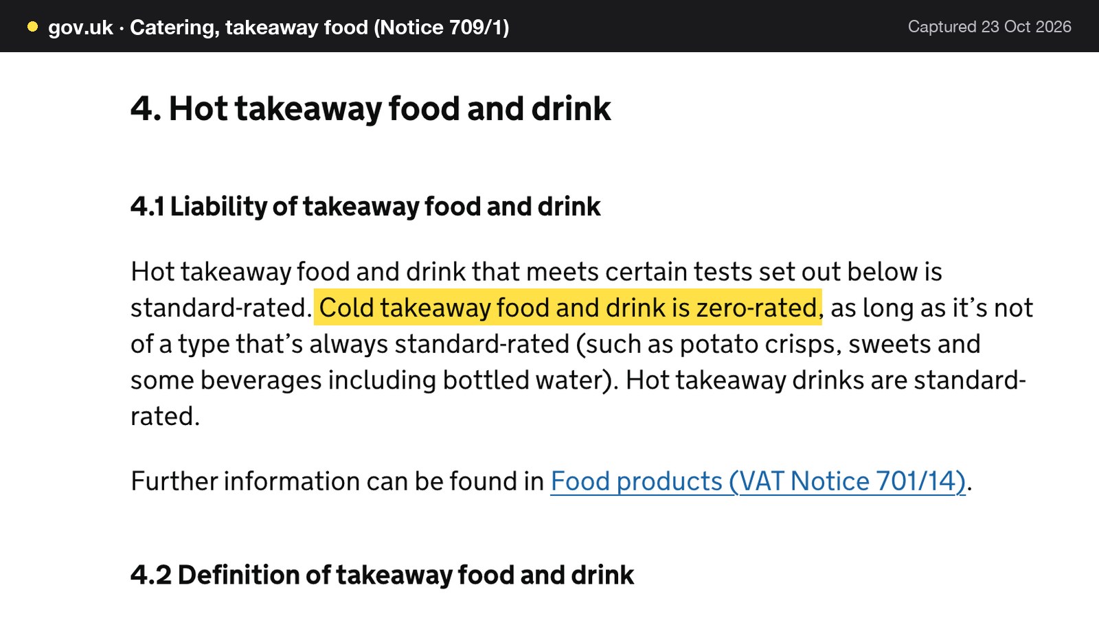 Screenshot of Catering, takeaway food (Notice 709/1) on gov.uk, with the words "Cold takeaway food and drink is zero-rated" highlighted.