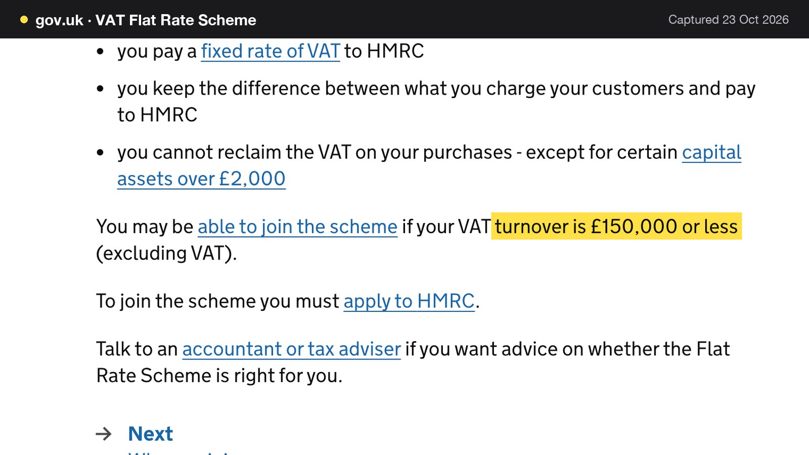 Screenshot of VAT Flat Rate Scheme on gov.uk, with the words "turnover is £150,000 or less" highlighted.