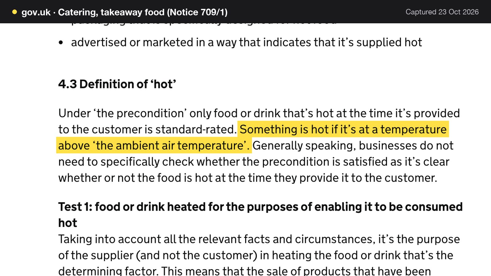 Screenshot of Catering, takeaway food (Notice 709/1) on gov.uk, with the words "Something is hot if it’s at a temperature above ‘the ambient air temperature’." highlighted.